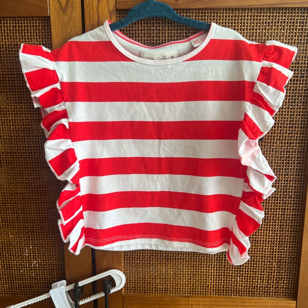Zara Red & White Striped Ruffle Sleeve Top